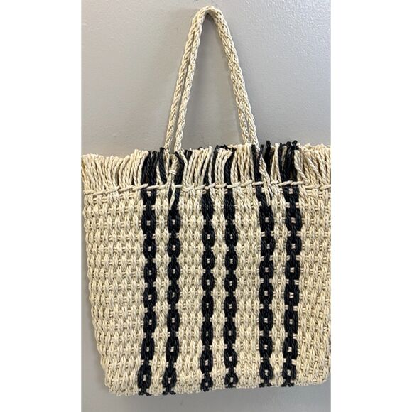 NWT Haute Hippie tan with black stripes raffia straw tote bag - Picture 3 of 8
